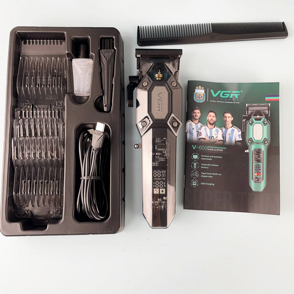 Аккумуляторная машинка для стрижки (clipper) VGR V-600 BLACK, 6 насадок, регулятор высоты, LED display, 7000 RPM