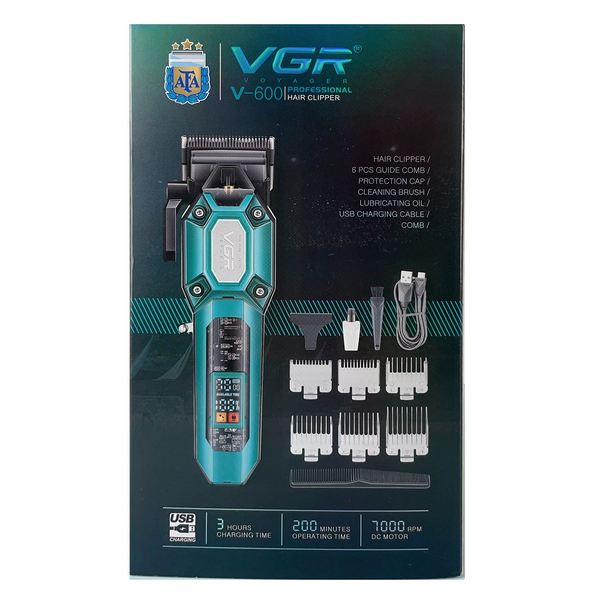 Аккумуляторная машинка для стрижки (clipper) VGR V-600 BLACK, 6 насадок, регулятор высоты, LED display, 7000 RPM