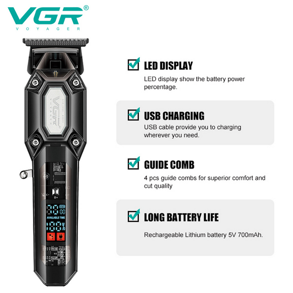 Триммер VGR V-900 BLACK, 4 насадки, LED display, 7000 RPM