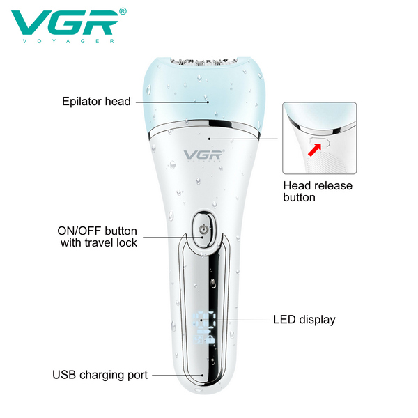 Эпилятор VGR 6 в 1 V-733 BLUE-PINK, 12 насадок, IPX7, LED display