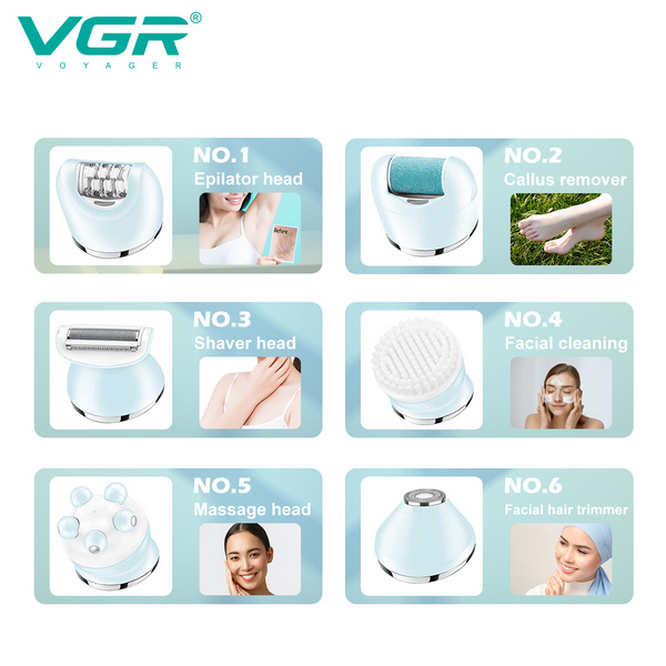 Эпилятор VGR 6 в 1 V-733 BLUE-PINK, 12 насадок, IPX7, LED display
