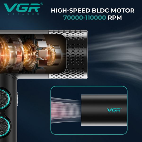 Фен профессиональный VGR V-401, 40 уровней обдува 7000 - 11000 RPM, 40 уровней температуры 60°C - 100°C , 3 насадки
