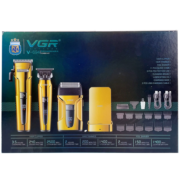 Набор для стрижки VGR 3 в 1 V-694 GOLD аккумуляторная машинка для стрижки (clipper), триммер и электробритва (шейвер)