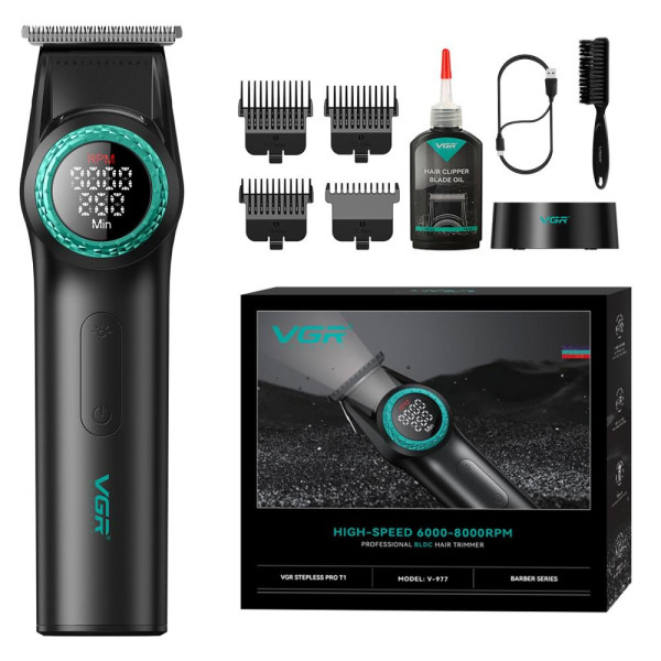 Триммер VGR V-977 BLACK, регулировка мощности 6000 - 8000 RPM, 2500 mAh, 4 насадки, LED display
