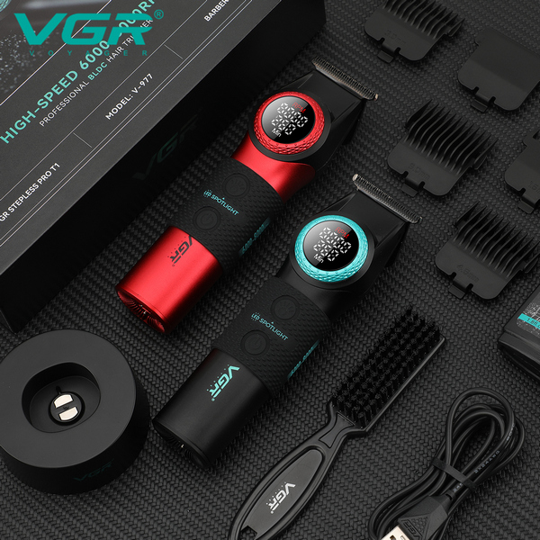 Триммер VGR V-977 BLACK, регулировка мощности 6000 - 8000 RPM, 2500 mAh, 4 насадки, LED display