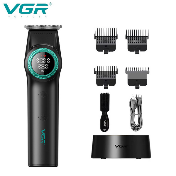 Триммер VGR V-977 BLACK, регулировка мощности 6000 - 8000 RPM, 2500 mAh, 4 насадки, LED display
