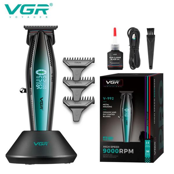 Триммер VGR V-992 GREEN, 9000 RPM, 2000 mAh, 3 насадки, LED дисплей
