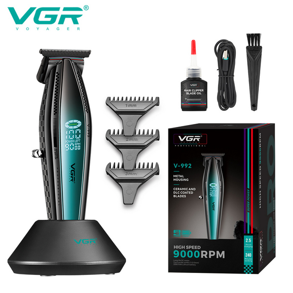 Триммер VGR V-992 GREEN, 9000 RPM, 2000 mAh, 3 насадки, LED дисплей