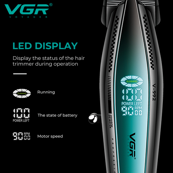 Триммер VGR V-992 GREEN, 9000 RPM, 2000 mAh, 3 насадки, LED дисплей