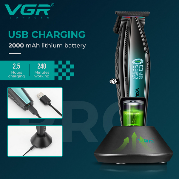 Триммер VGR V-992 GREEN, 9000 RPM, 2000 mAh, 3 насадки, LED дисплей