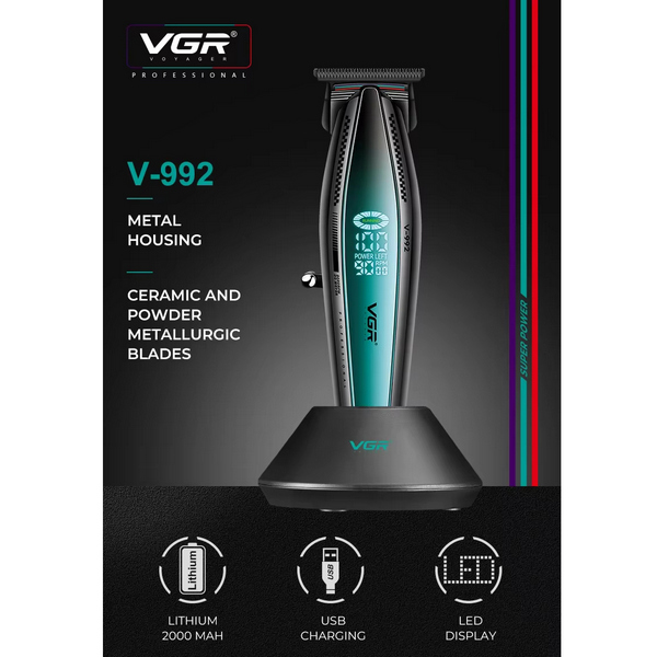 Триммер VGR V-992 GREEN, 9000 RPM, 2000 mAh, 3 насадки, LED дисплей