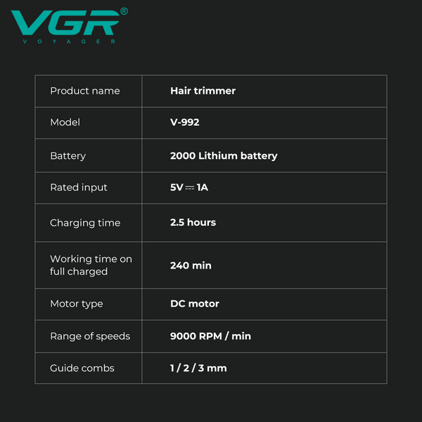 Триммер VGR V-992 GREEN, 9000 RPM, 2000 mAh, 3 насадки, LED дисплей
