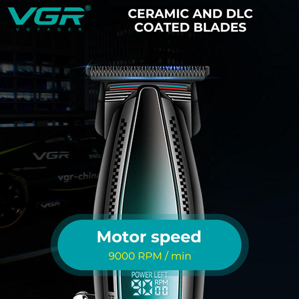 Триммер VGR V-992 GREEN, 9000 RPM, 2000 mAh, 3 насадки, LED дисплей