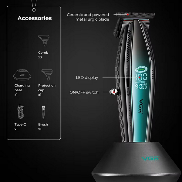 Триммер VGR V-992 GREEN, 9000 RPM, 2000 mAh, 3 насадки, LED дисплей