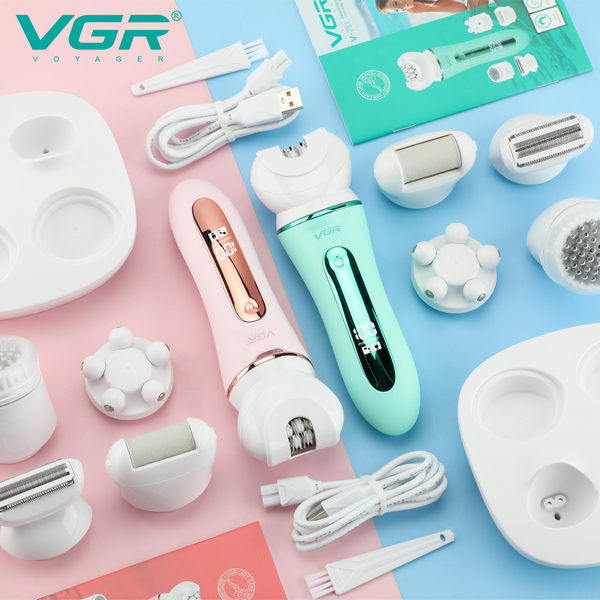 Эпилятор VGR 5 в 1 V-751 GREEN - PINK, 5 насадок, IPX6
