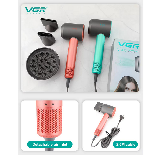 Фен профессиональный VGR V-440, 3 уровня обдува, 3 уровня температуры, 11000 RPM 3 насадки
