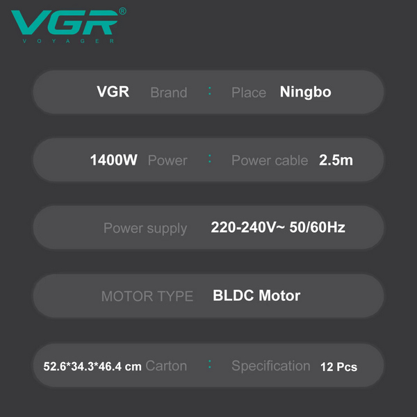 Фен профессиональный VGR V-440, 3 уровня обдува, 3 уровня температуры, 11000 RPM 3 насадки