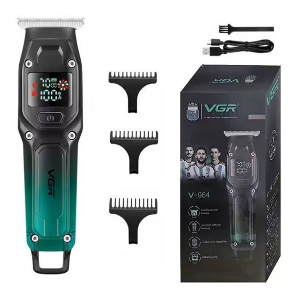 Профессиональный триммер VGR V-964 GREEN, 7000 RPM, 4 насадки, LED display