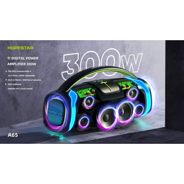 Портативна бездротова колонка з мікрофоном Bluetooth Hopestar A65 BT5.3, 300W, TWS, AUX/TF/USB, IPX6, 8h, 30000mAh