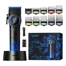 Аккумуляторная машинка для стрижки (clipper) VGR V-001 BLUE, 10 насадок, 9000 RPM, 4600 mAh, LED light, LED display