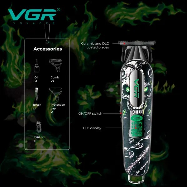 Триммер V-260 GREEN, 3 насадки, 2000mAh, 9000 RPM, LED display