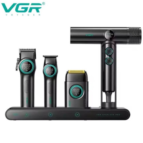 Профессиональный комплект VGR STEPLERSS PRO 4 IN 1 BLACK, машинка для стрижки (Clipper), триммер, электробритва, фен