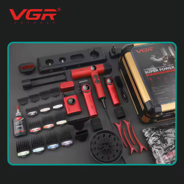 Профессиональный комплект VGR STEPLERSS PRO 4 IN 1 BLACK, машинка для стрижки (Clipper), триммер, электробритва, фен