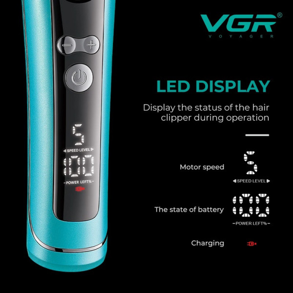 Триммер VGR V-299 BLACK - BLUE, 4 насадки, 9000RPM, 2000 mAh, 5 уровней скорости, LED display