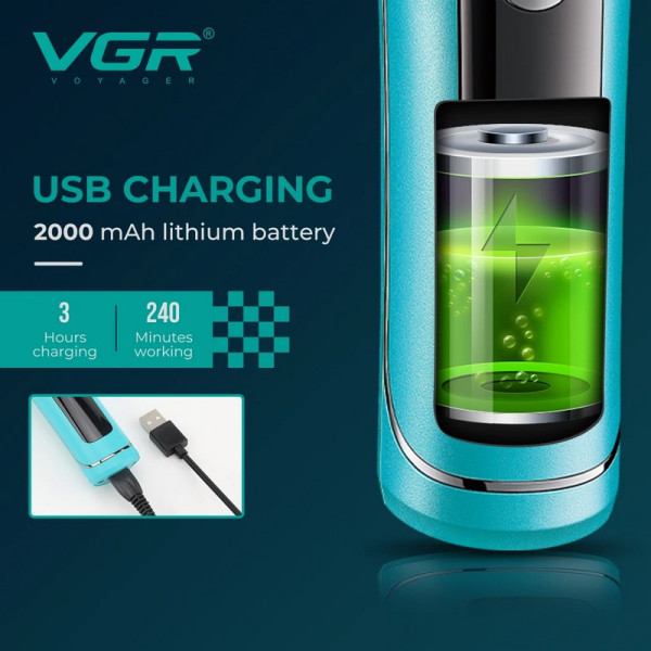 Триммер VGR V-299 BLACK - BLUE, 4 насадки, 9000RPM, 2000 mAh, 5 уровней скорости, LED display