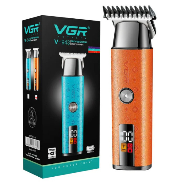 Триммер VGR V-943 BLUE - ORANGE, 3 насадки, LED-дисплей