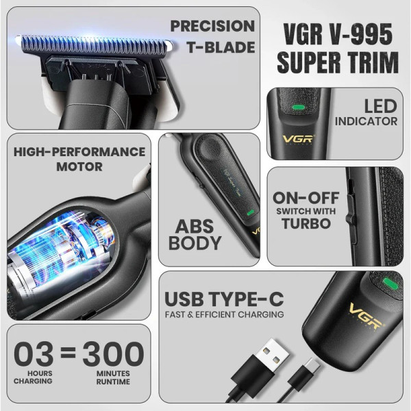 Триммер VGR V-995, 4 насадки, 7000 RPM