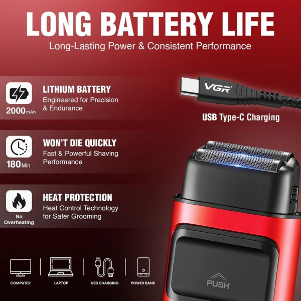 Электробритва VGR V-307 шейвер, двойное лезвие, 2000mAh, 9000 RPM