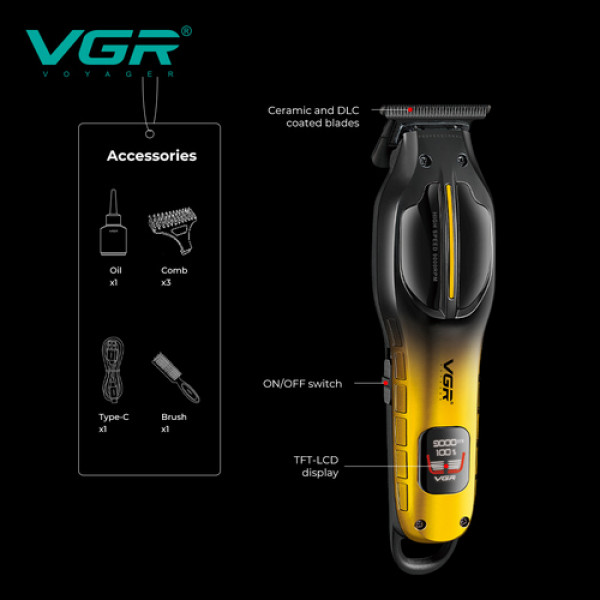 Триммер VGR V-226 GOLD, 9000 RPM, 3 насадки, LED display