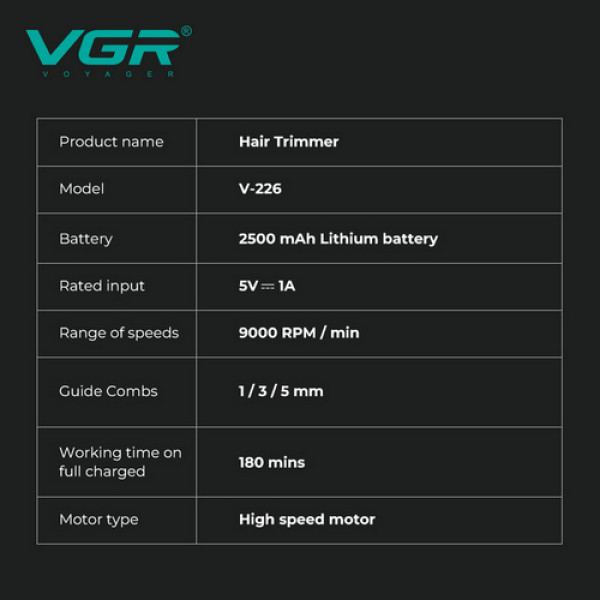 Триммер VGR V-226 GOLD, 9000 RPM, 3 насадки, LED display