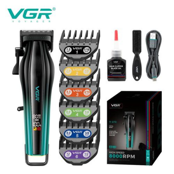 Аккумуляторная машинка для стрижки (clipper) VGRV-273 GREEN, 6 насадок, 8000 RPM, 3000 mAh, LED display