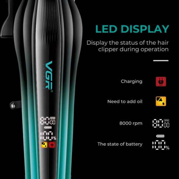 Аккумуляторная машинка для стрижки (clipper) VGRV-273 GREEN, 6 насадок, 8000 RPM, 3000 mAh, LED display