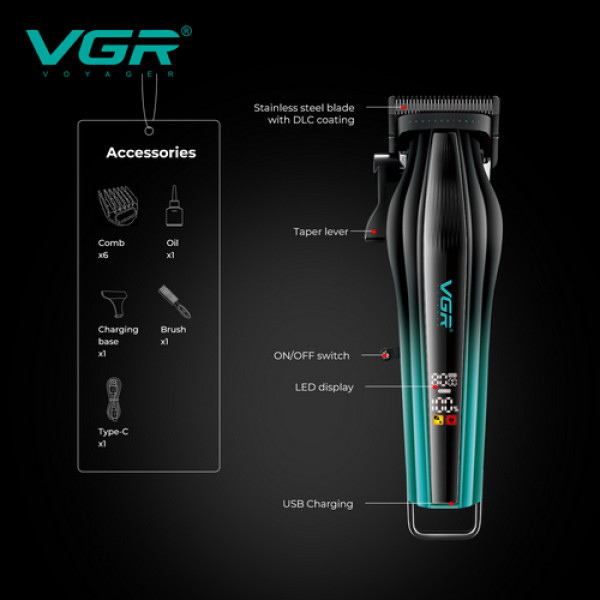 Аккумуляторная машинка для стрижки (clipper) VGRV-273 GREEN, 6 насадок, 8000 RPM, 3000 mAh, LED display