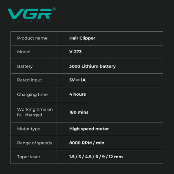 Аккумуляторная машинка для стрижки (clipper) VGRV-273 GREEN, 6 насадок, 8000 RPM, 3000 mAh, LED display