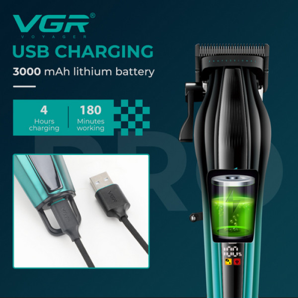 Аккумуляторная машинка для стрижки (clipper) VGRV-273 GREEN, 6 насадок, 8000 RPM, 3000 mAh, LED display