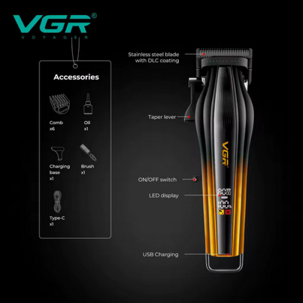 Аккумуляторная машинка для стрижки (clipper) VGR V-273 GOLD, 6 насадок, 8000 RPM, 3000 mAh, LED display
