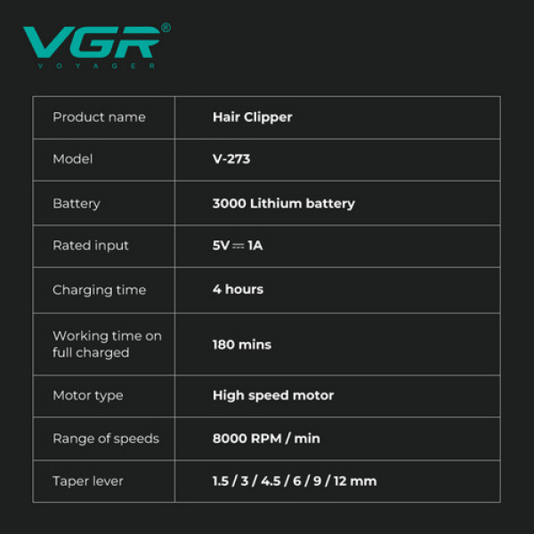 Аккумуляторная машинка для стрижки (clipper) VGR V-273 GOLD, 6 насадок, 8000 RPM, 3000 mAh, LED display
