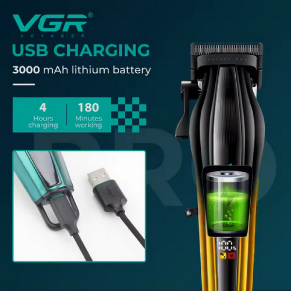 Аккумуляторная машинка для стрижки (clipper) VGR V-273 GOLD, 6 насадок, 8000 RPM, 3000 mAh, LED display