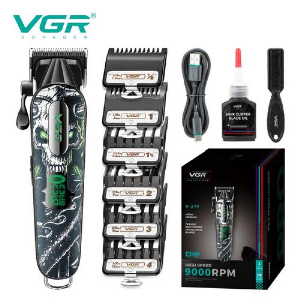 Аккумуляторная машинка для стрижки (clipper) VGR V-279 GREEN, 6 насадок, 9000 RPM, 2500 mAh, LED display