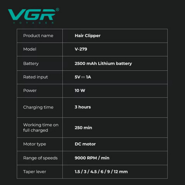 Аккумуляторная машинка для стрижки (clipper) VGR V-279 GREEN, 6 насадок, 9000 RPM, 2500 mAh, LED display
