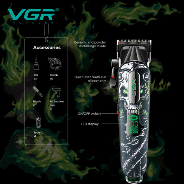 Аккумуляторная машинка для стрижки (clipper) VGR V-279 GREEN, 6 насадок, 9000 RPM, 2500 mAh, LED display