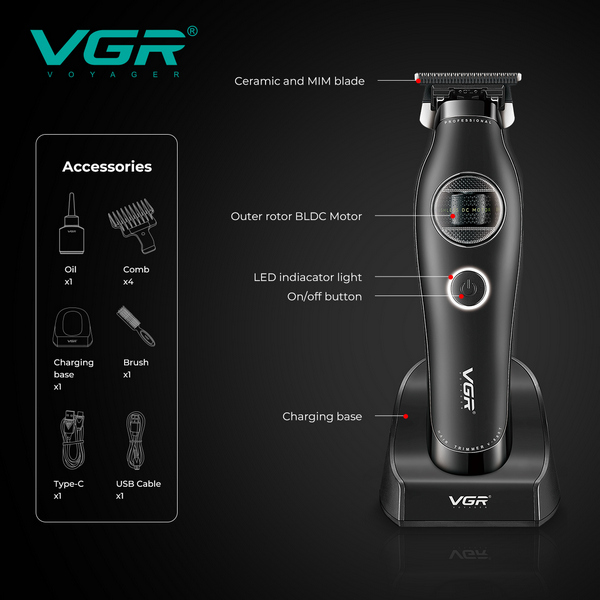 Триммер VGR V-880T BLACK, EXTERNAL ROTOR MOTOR, MIM BLADE, 4 насадки, док-станция