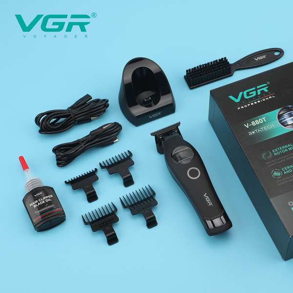 Триммер VGR V-880T BLACK, EXTERNAL ROTOR MOTOR, MIM BLADE, 4 насадки, док-станция