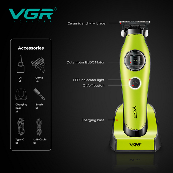 Тример VGR V-880T GREEN, EXTERNAL ROTOR MOTOR, MIM BLADE, 4 насадки, док-станція