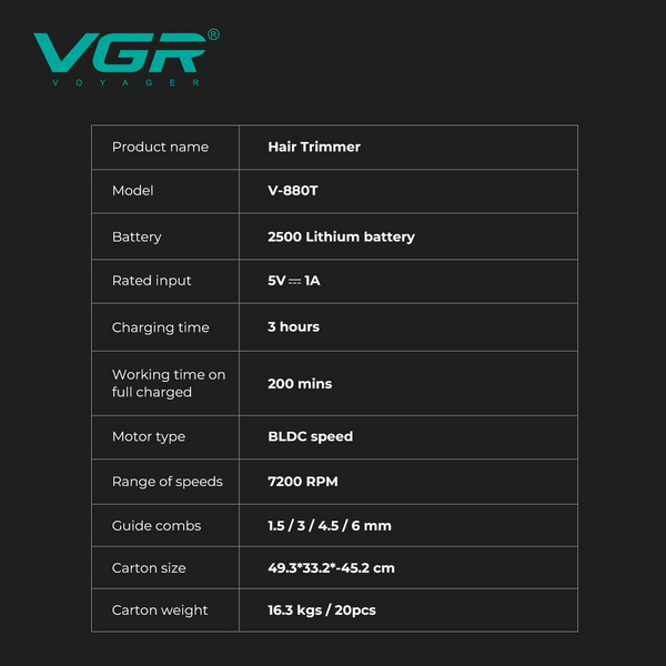 Тример VGR V-880T GREEN, EXTERNAL ROTOR MOTOR, MIM BLADE, 4 насадки, док-станція