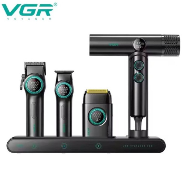 Профессиональный комплект VGR STEPLERSS PRO 4 IN 1 BLACK, машинка для стрижки (Clipper), триммер, электробритва, фен